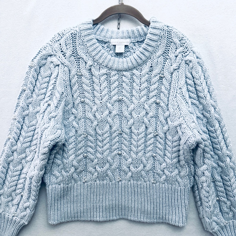 House of Harlow L Pearl Embellished Chunky Cable Knit Sweater Soft Blue Large